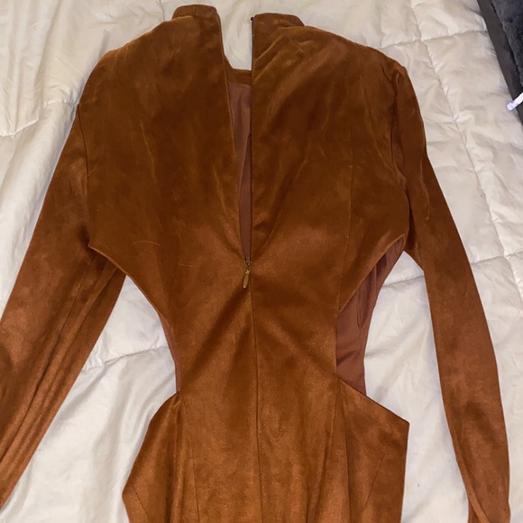 House of CB London Brown Suede Maxi Dress High Neck Cutout Slit Tan Zipper back - Picture 10 of 17